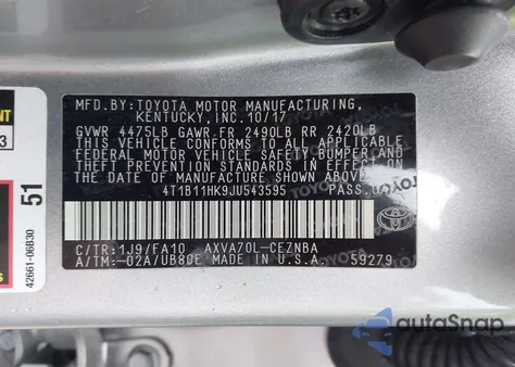 2018 Toyota Camry Le from USA, damaged, VIN 4T1B11HK9JU543595